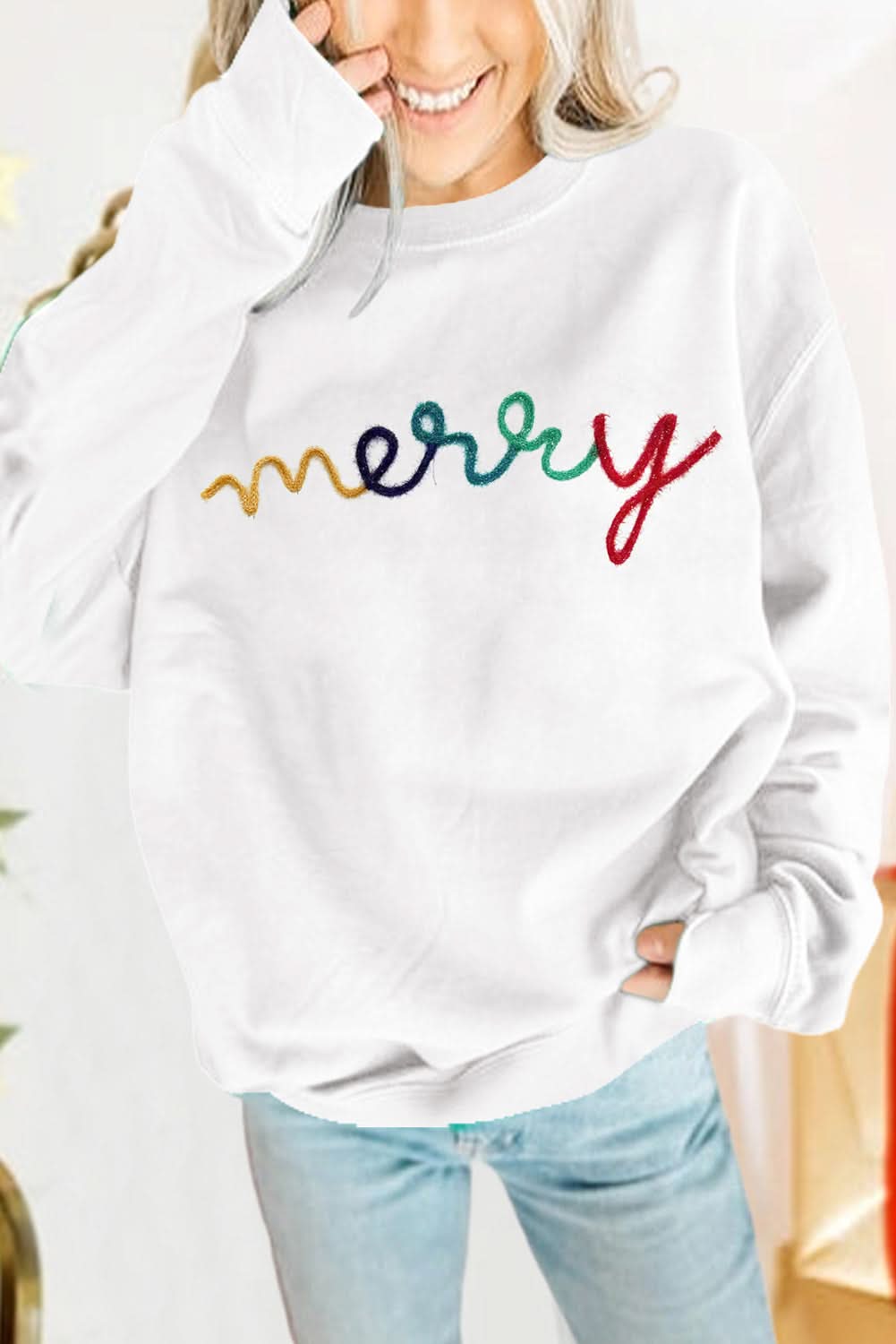 White MERRY Graphic Pullover Sweatshirt - Love Salve